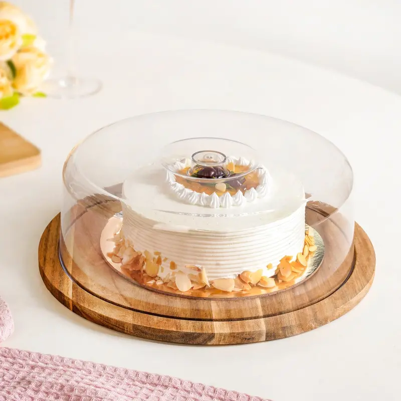 10" Acacia Wood Dessert Stand With Clear Glass Cloche 1