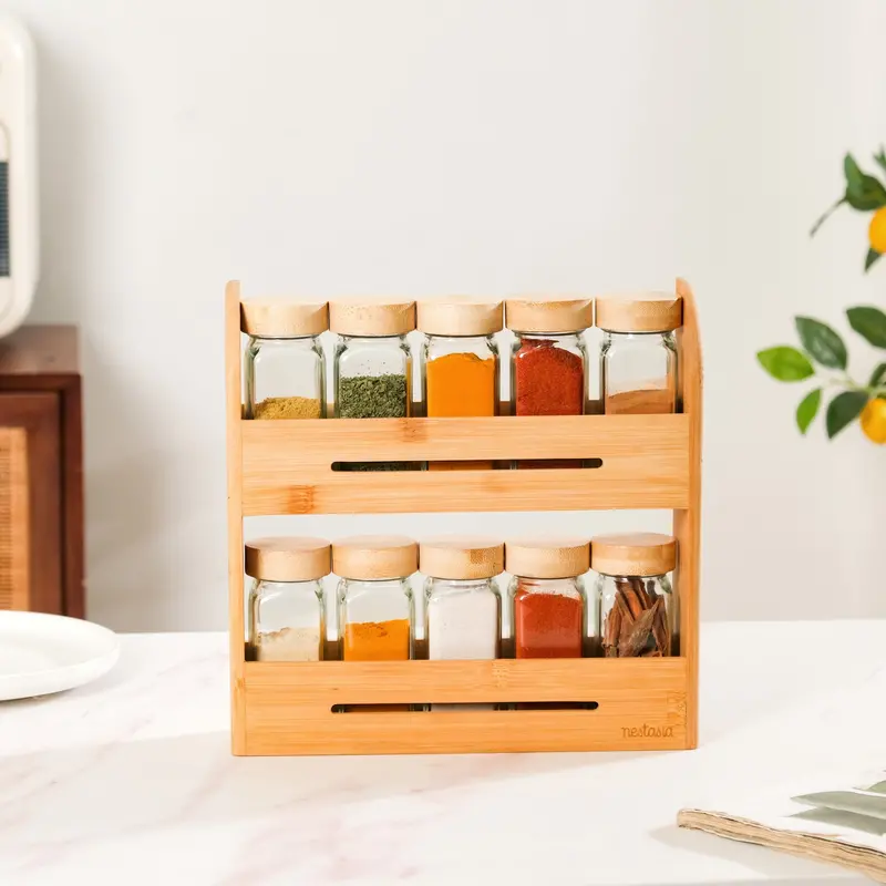 10-Glass Jar Storage Set With Bamboo Kitchen Rack 1