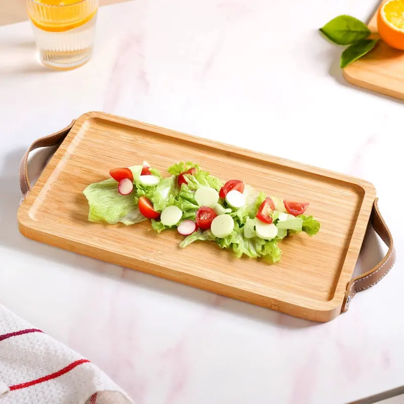12-Inch Bamboo Serving Tray With Genuine Leather Handles 1