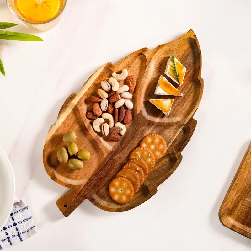 12-Inch Sectioned Acacia Wood Snack Platter With Leaf Design 1