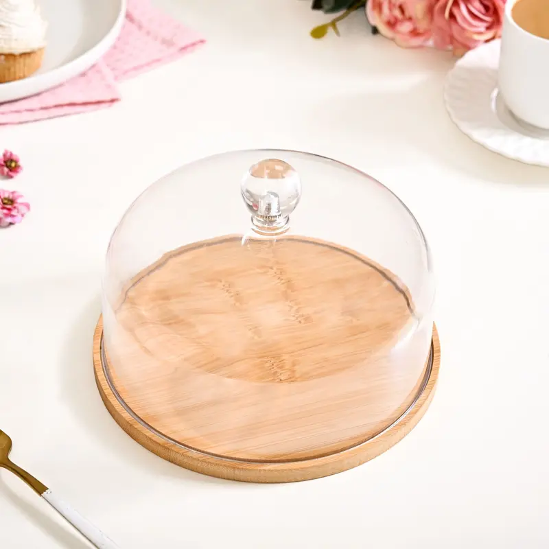 17Cm Wooden Cake Stand With Clear Glass Dome Cover 1