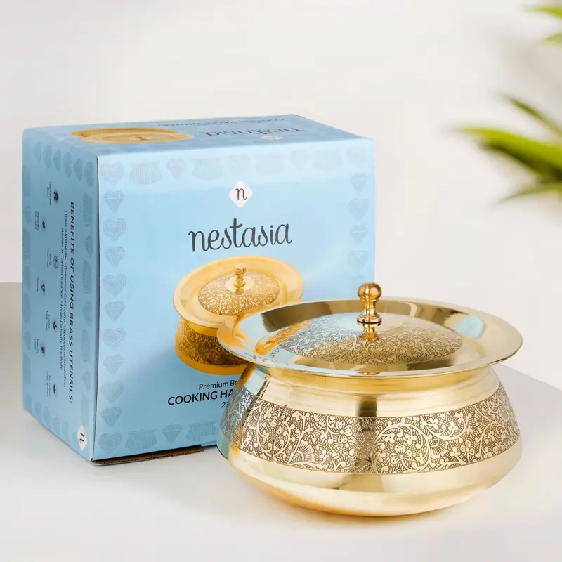 2300Ml Embossed Pure Brass Handi Cooking Pot With Lid 1
