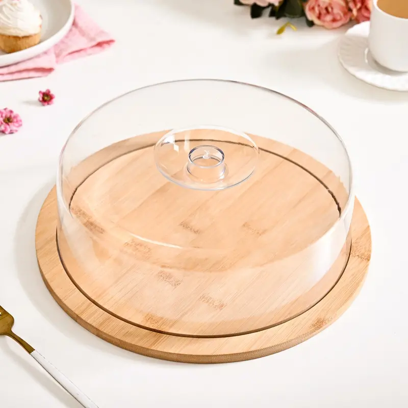 25Cm Bamboo Cake Display Stand With Protective Cloche 1