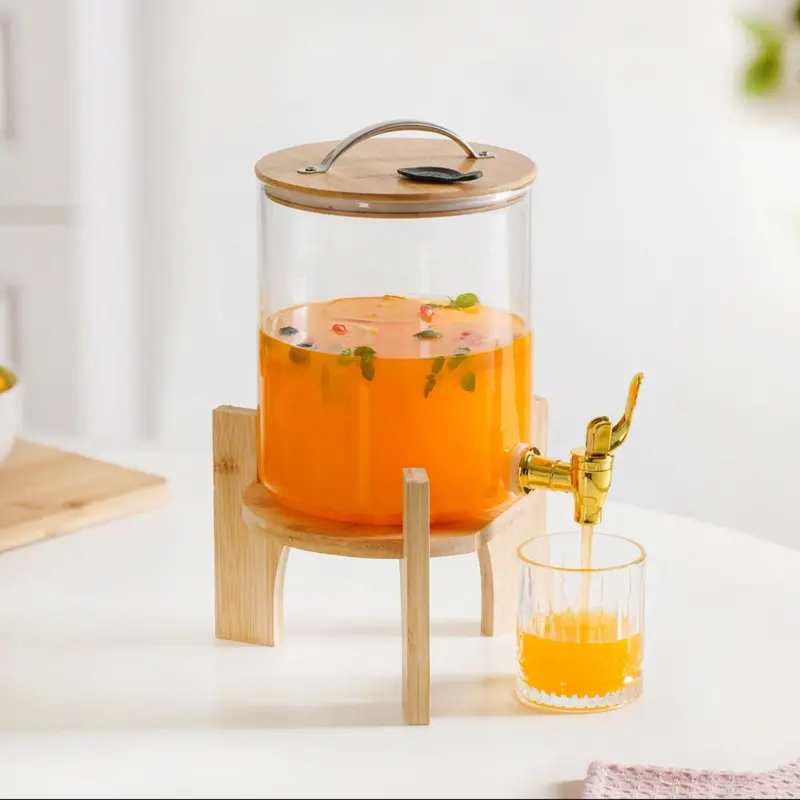 3.6L Drinks Dispenser With Natural Bamboo Stand – Glass Design 1