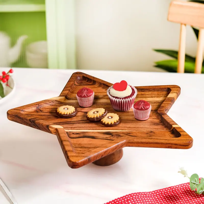 34X33Cm Star-Shaped Acacia Wood Dessert Stand 1