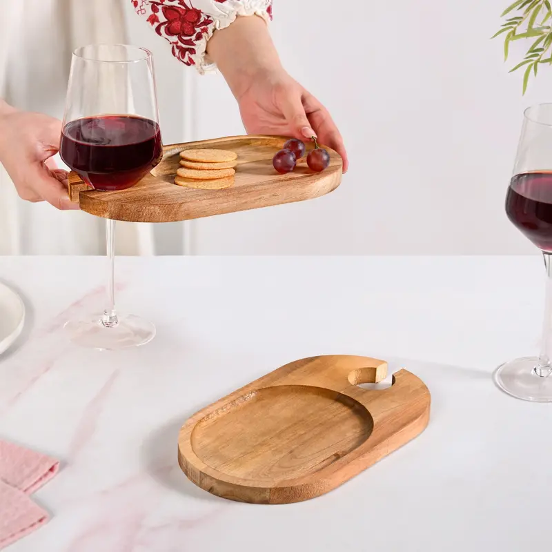 9-Inch Wooden Appetizer Platter With Integrated Wine Glass Holders (Set Of 2) 1