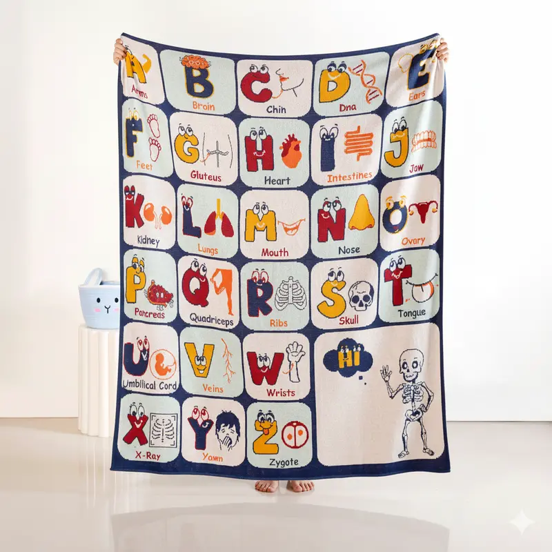 Abcd Anatomy Learning Throw For Kids – Illustrated Body & Alphabet Design (158X138Cm) 1