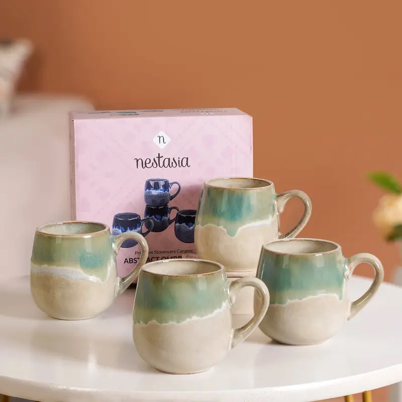 Abstract Green Ombre Ceramic Mug Set – Four 230Ml Cups For Daily Use 1