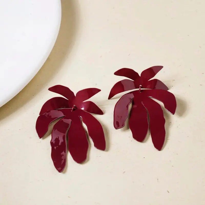 Abstract Palm Leaf Maroon Danglers 1