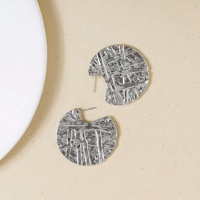 Abstract Textured Round Silver Statement Earrings 1