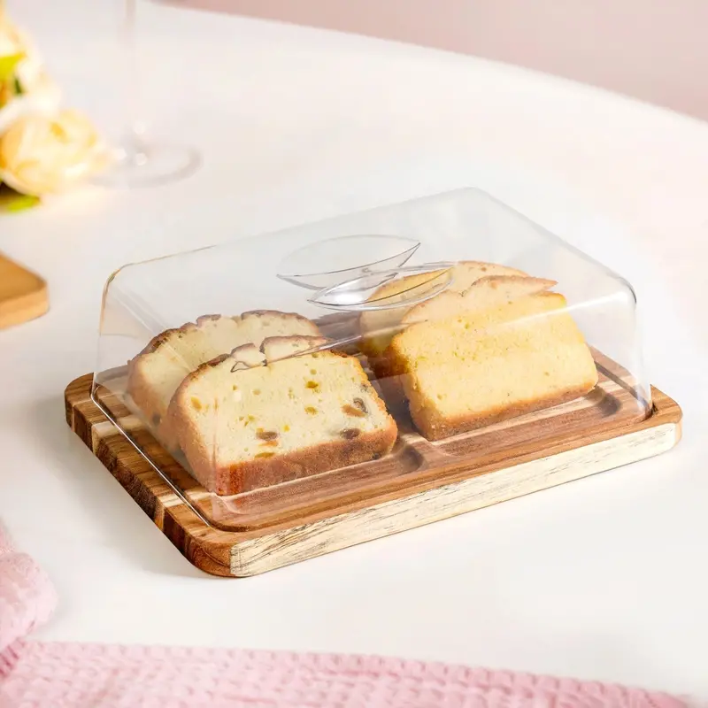 Acacia Wood Bread Storage Box With Clear Acrylic Cloche (22 Cm) 1