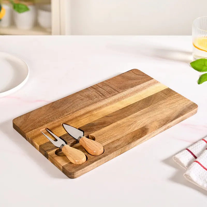 Acacia Wood Cheese Board With Matching Knife And Fork Set 1