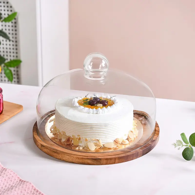 Acacia Wood Dessert Display Stand With Removable Glass Cloche (26 Cm) 1