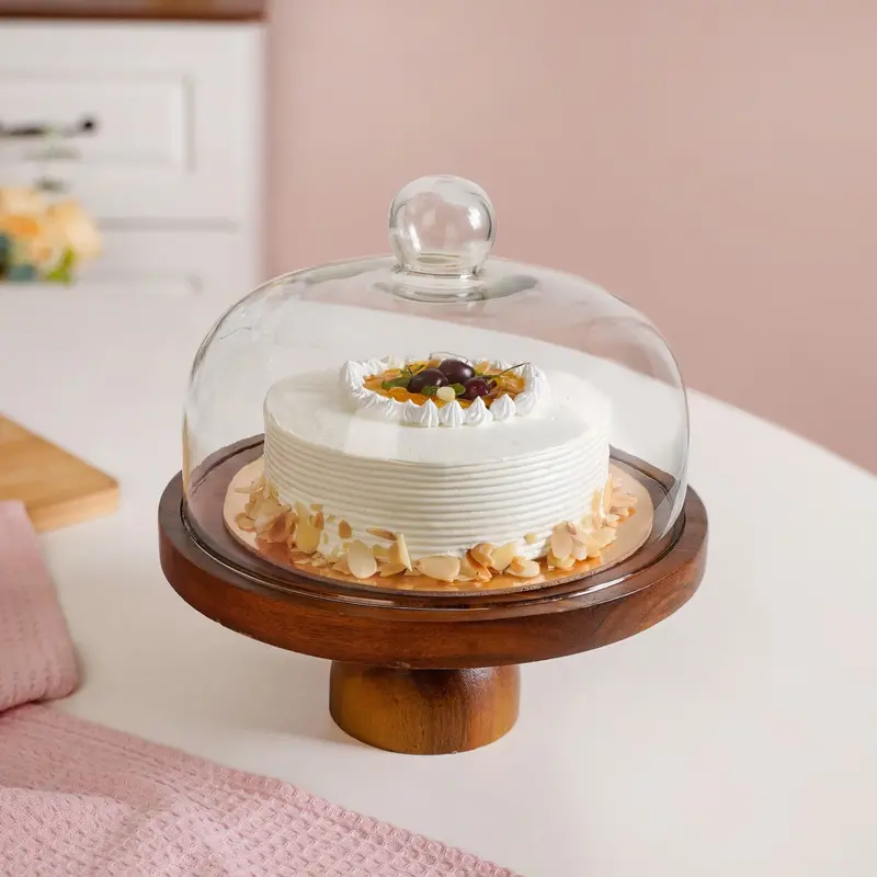 Acacia Wood Pedestal Cake Stand With Glass Cloche (22 Cm) 1