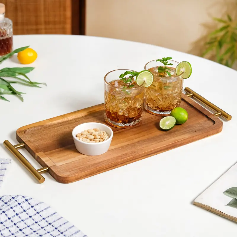 Acacia Wood Rectangular Serving Tray With Integrated Handles 1