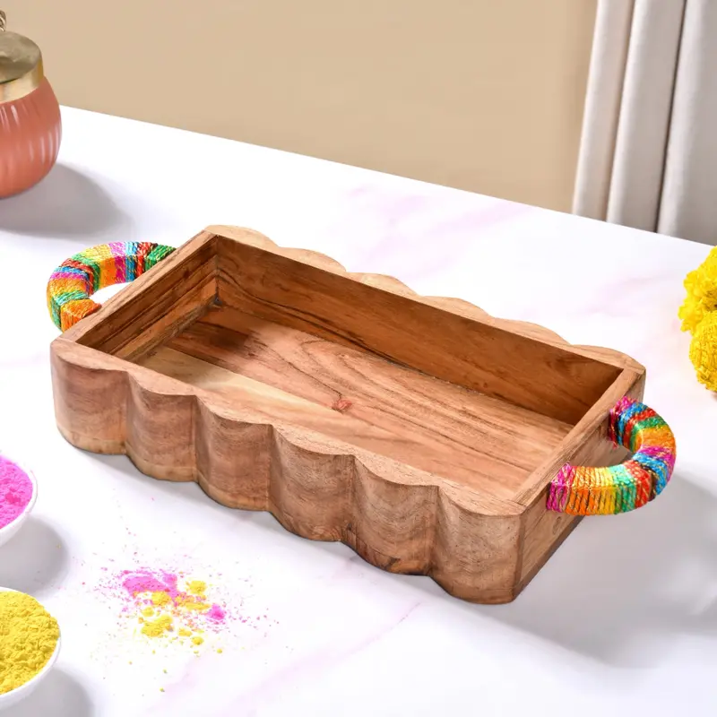 Acacia Wood Serving Tray With Colorful Handles & Gold Zari Detailing 1