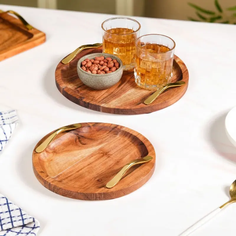 Acacia Wood Serving Tray With Gold-Tone Handles – Set Of 2 1