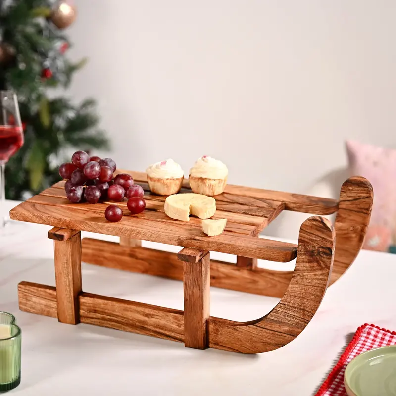 Acacia Wood Sledge-Style Serving Platter With Elevated Riser 1