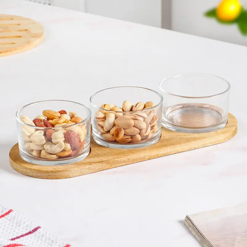 Acacia Wood Snack Bowl Set – 3 Bowls + Serving Tray Combo 1