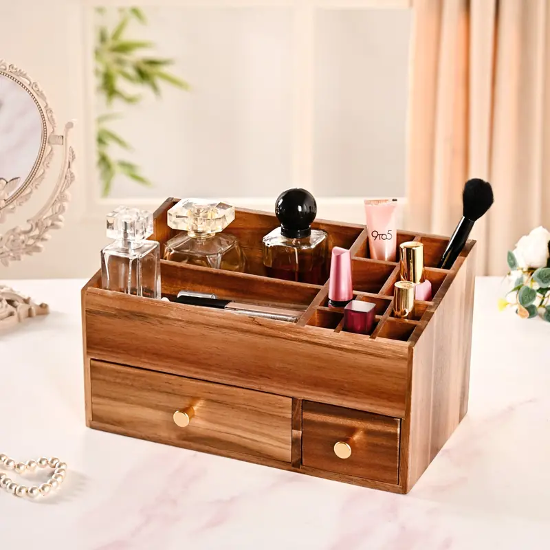 Acacia Wood Vanity Organizer Box For Makeup And Toiletries 1