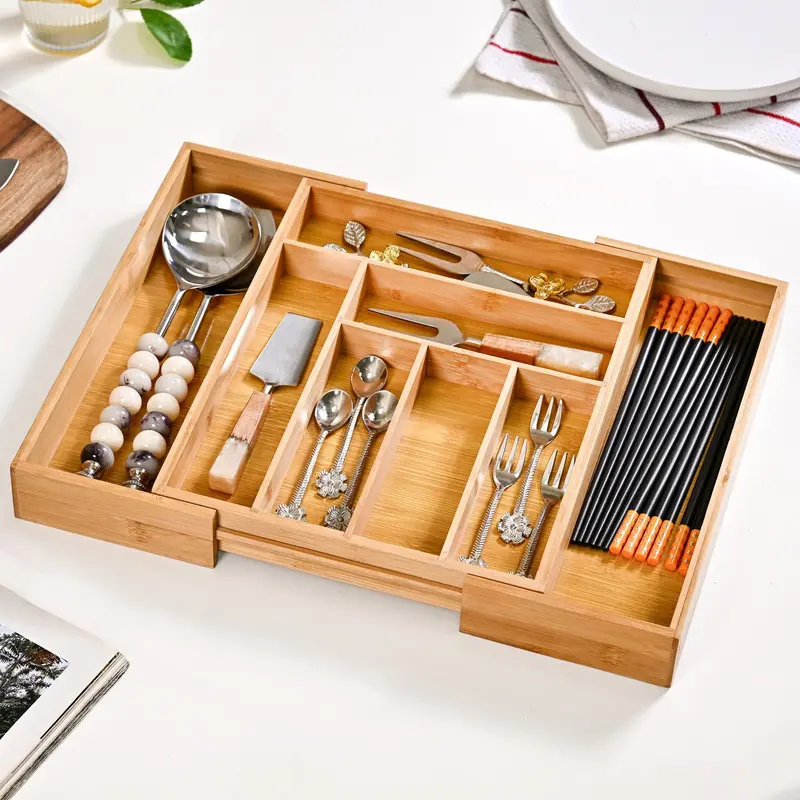 Adjustable Bamboo Drawer Organizer For Utensils And Cutlery Storage 1
