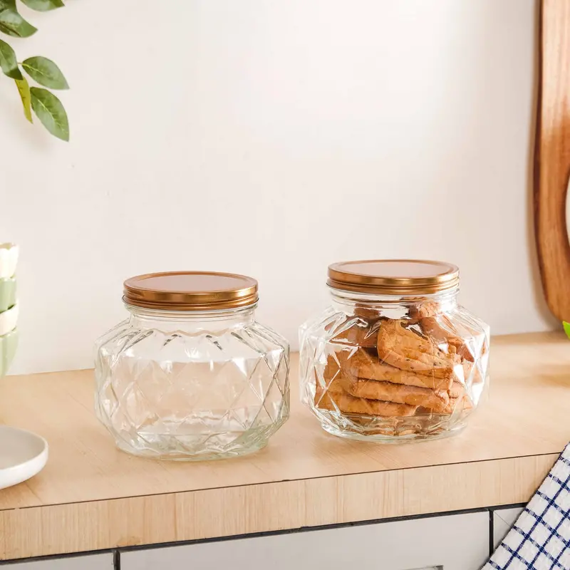 Airtight Diamond-Textured Glass Kitchen Storage Jars – 2-Piece Set (1800Ml Total) 1