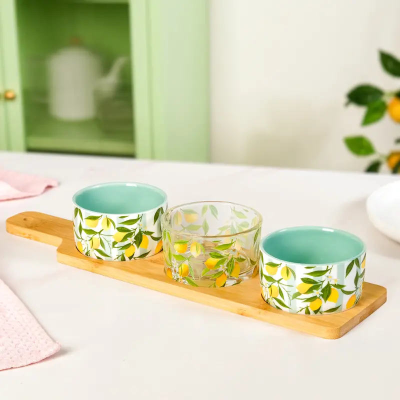 Amalfi Lemon-Themed Serving Set: Four Bowls + Bamboo Tray 1