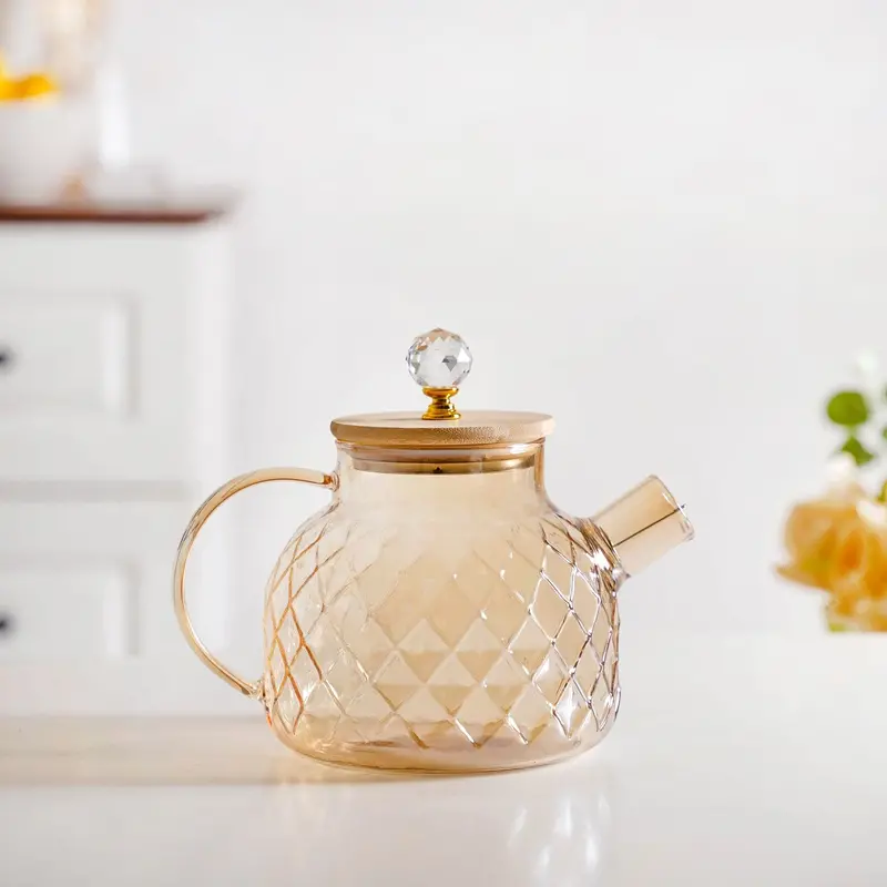 Amber Diamond Borosilicate Glass Jug With Natural Bamboo Lid – 1300Ml 1