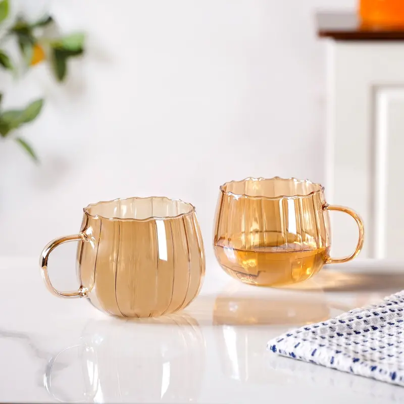Amber Pumpkin-Shaped Tea Cups – 2-Piece 400Ml Artisan Ceramic Mug Set 1