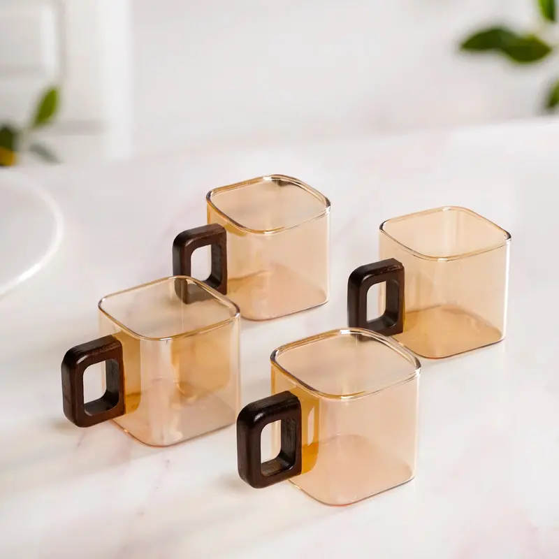 Amber-Tinted Square Glass Mugs With Wooden Handles – 4-Unit Set (200Ml Each) 1