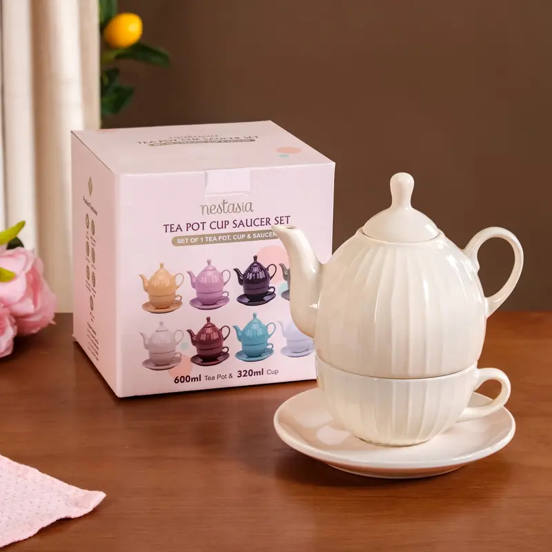 Ambrosia Cream-Colored Tea Set: Cup, Saucer, And Teapot For Solo Enjoyment 1