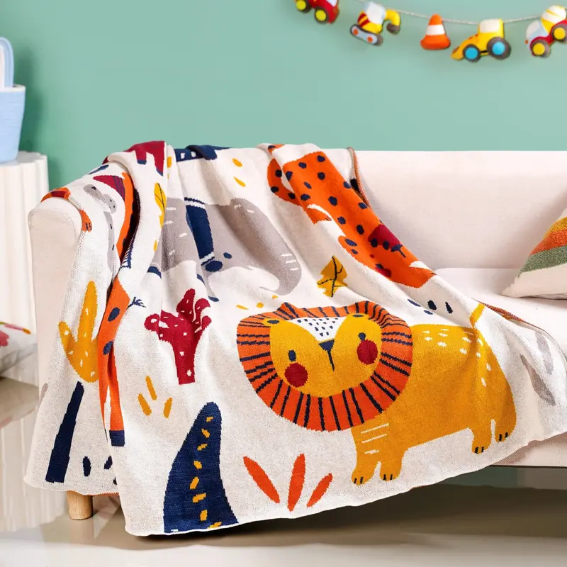 Animal Kingdom Knitted Throw For Kids – 164X130Cm Educational Cotton Blanket 1
