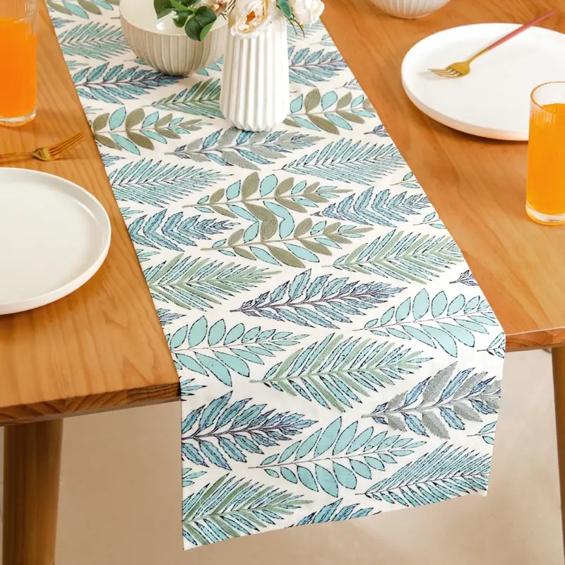 Aqua Fern Embroidered Cotton Table Runner (202 X 33 Cm) 1