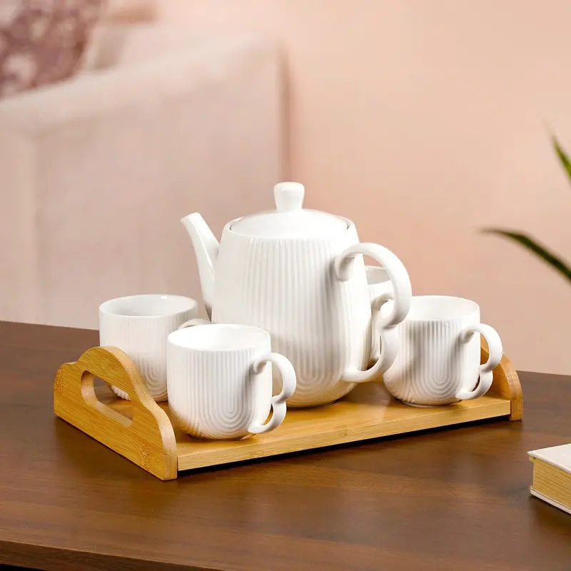 Art Deco Ceramic Tea Set – Vintage-Inspired Service With Wooden Tray 1