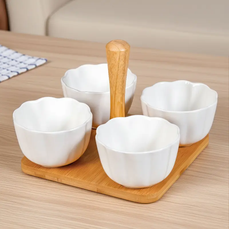 Bamboo Serving Platter With 5 Matching Ceramic Bowls 1