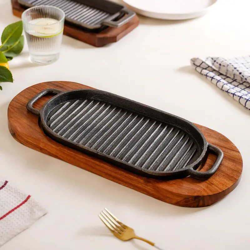 Barbecue-Style Iron Grill Plate With Seesham Wood Stand 1