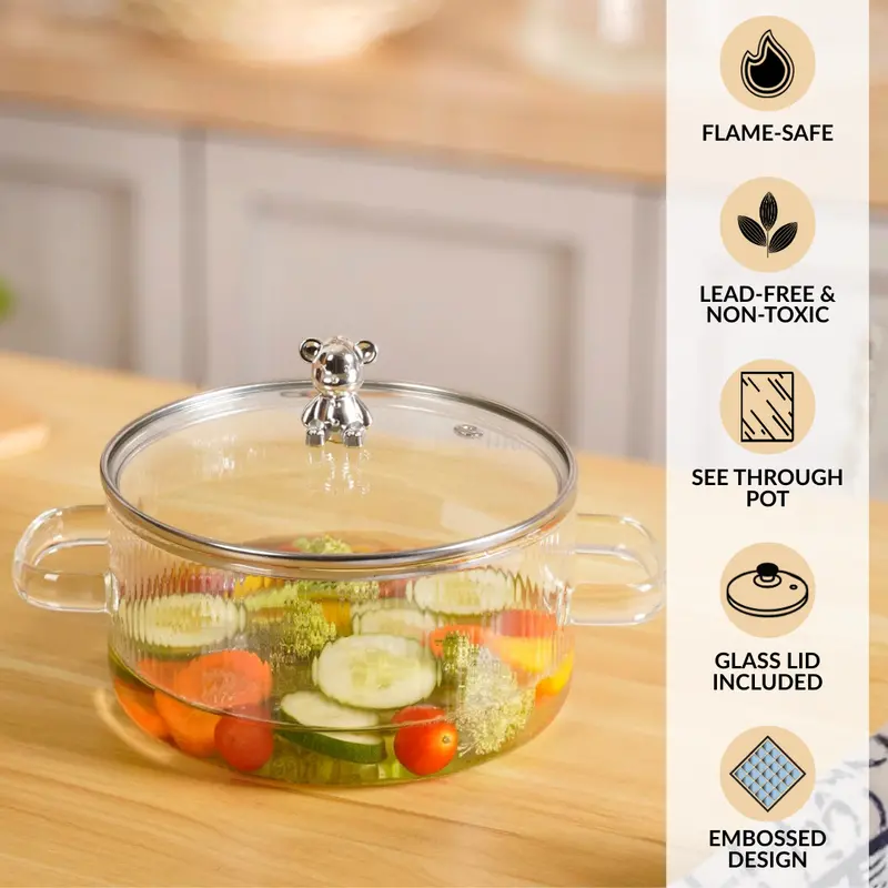 Bear-Branded Borosilicate Glass Cookware Pot With Lid – 1.6L 1