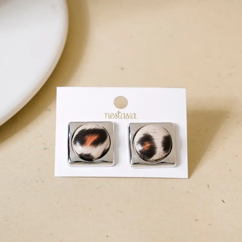 Beige Animal Print Silver Square Stud Earrings 1