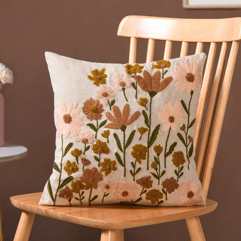 Beige Chambray Pillow Cover With Floral Print – 40X40 Cm Square Decorative Cushion Case 1