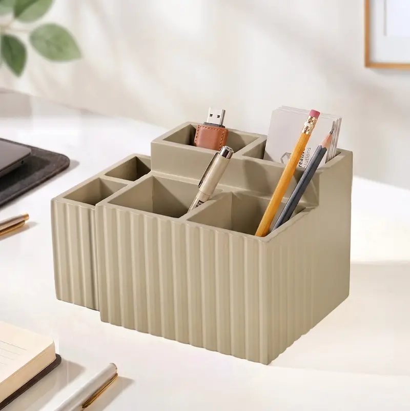 Beige Desk Organizer For Pens And Makeup Brushes 1