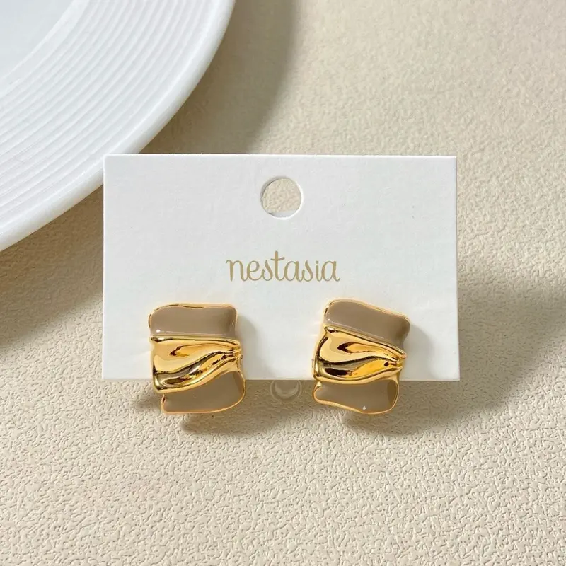 Beige Embossed Gold Stud Earrings 1