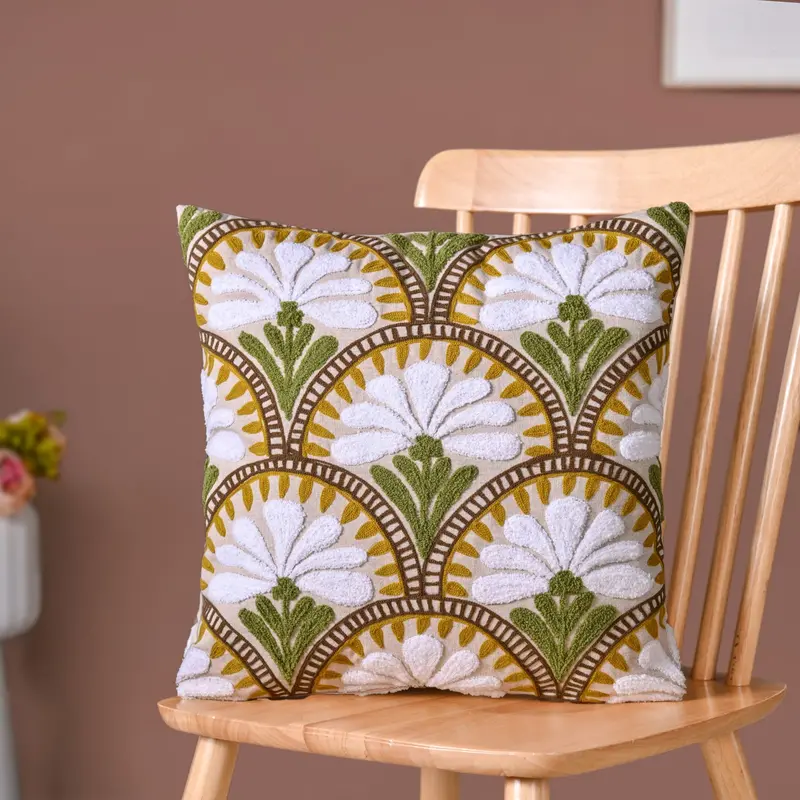 Beige Floral Arch Embroidered Cushion Cover – 40X40Cm Cotton Square Pillow Case 1