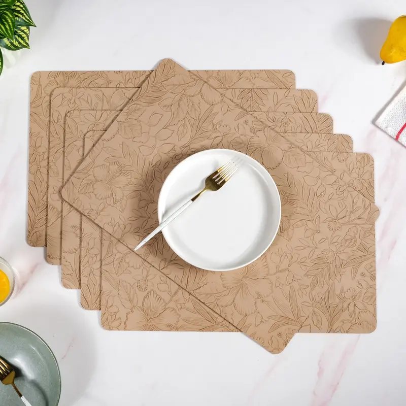 Beige Hibiscus-Embossed Rectangular Placemats – Set Of 6 1