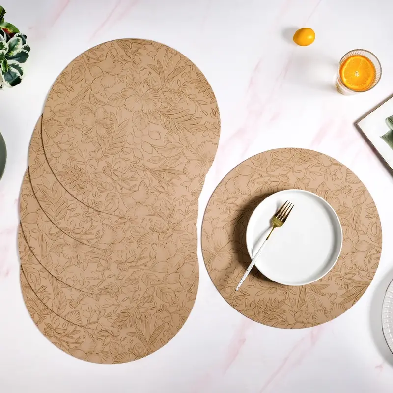 Beige Hibiscus-Embossed Round Placemats – Set Of 6 1