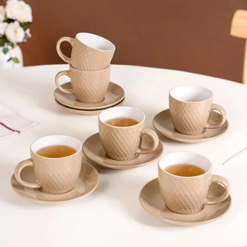 Beige Tara Ceramic Cup-And-Saucer Set – 6 Pcs, 225Ml 1