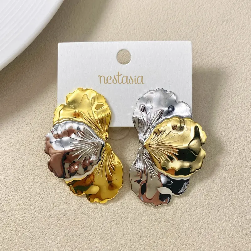 Bimetal Iris Flower Earrings In Silver And Gold 1
