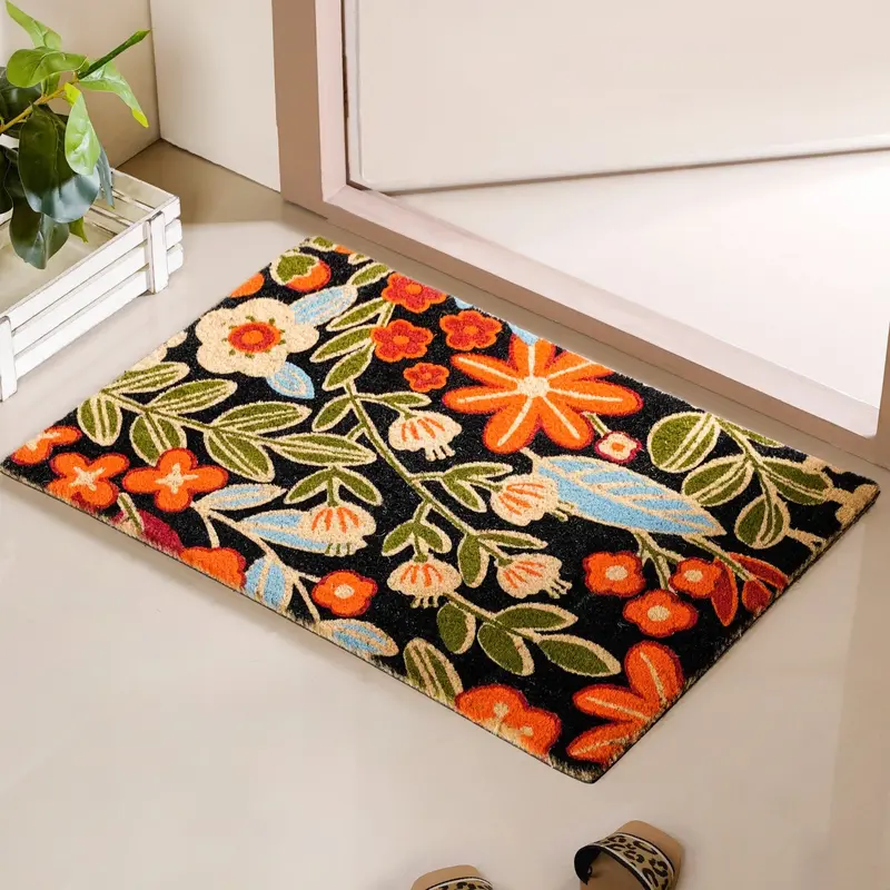 Black-And-Floral Natural Coir Floor Mat – 36X24 Inches 1