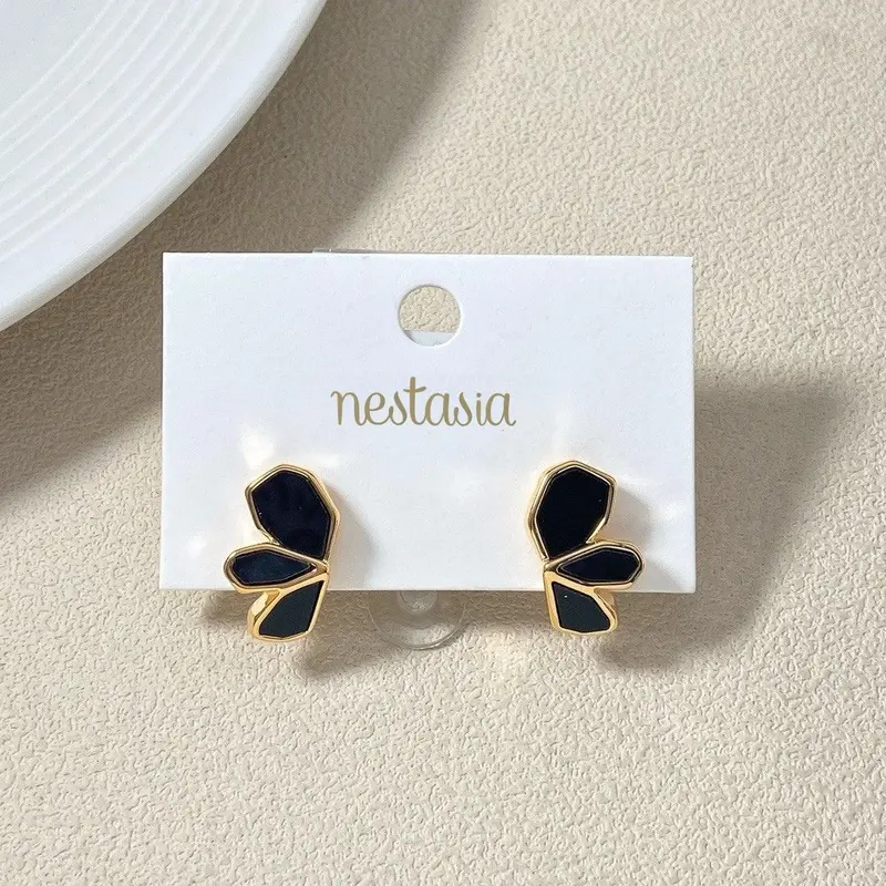 Black Blossom Gold Stud Earrings 1