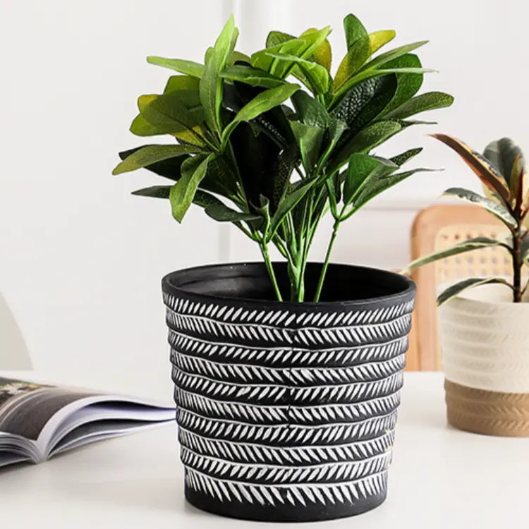Black Ceramic Pot With Abstract White Line Art – Modern Statement Piece 1