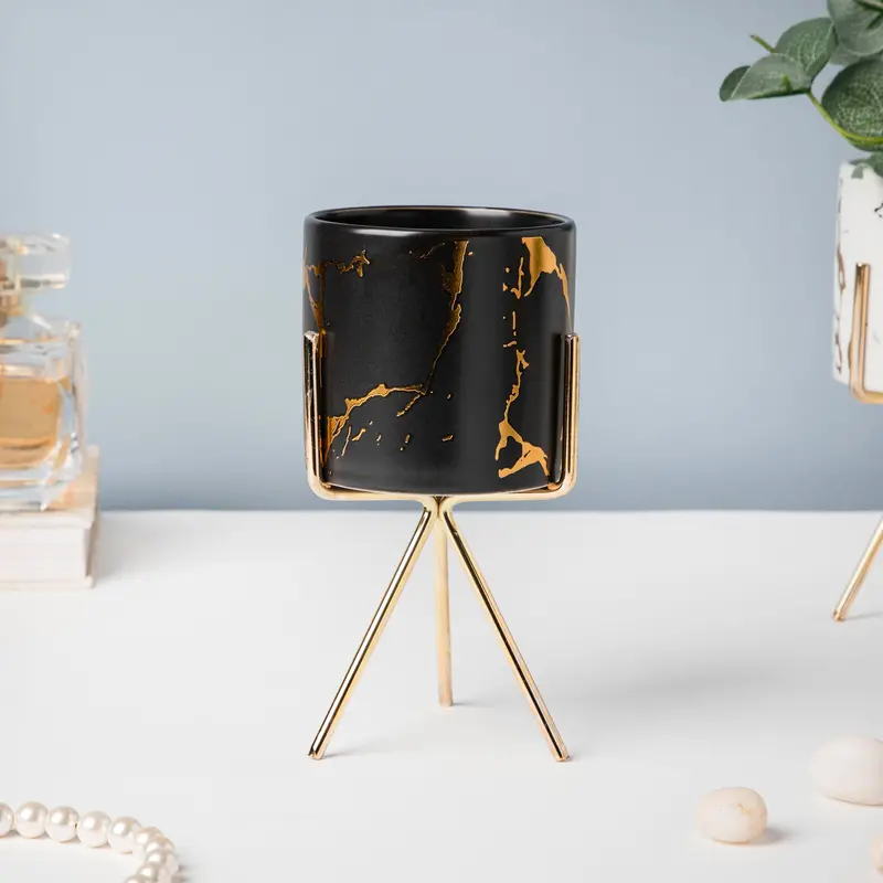 Black Marble-Finish Cacti-Themed Ceramic Planter 1
